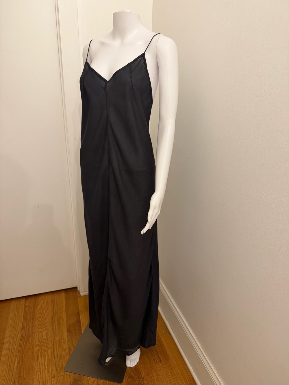 Classic Black Satin Slip Gown with Thin Straps